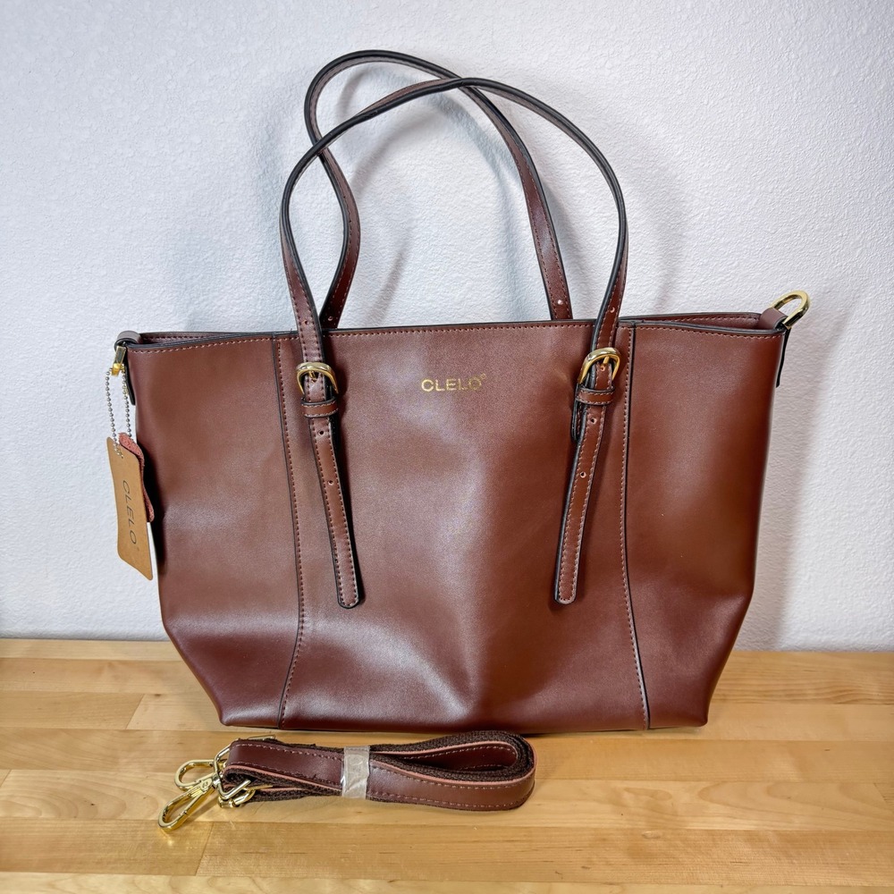 Clelo Coffee Brown Tote Bag Gold Hardware Crossbody Strap NWT